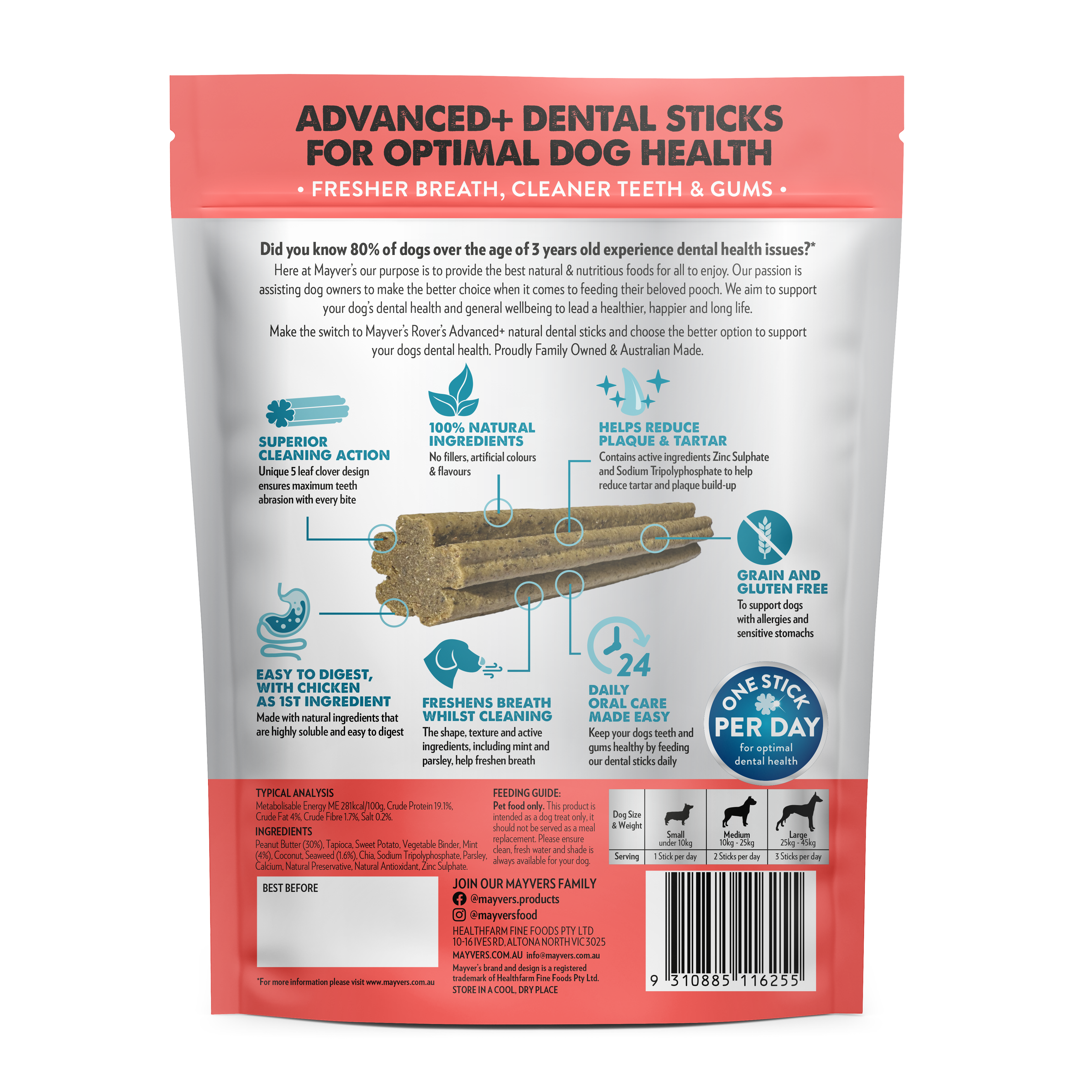 ROVER'S ADVANCED+ PEANUT BUTTER DENTAL STICKS 150g