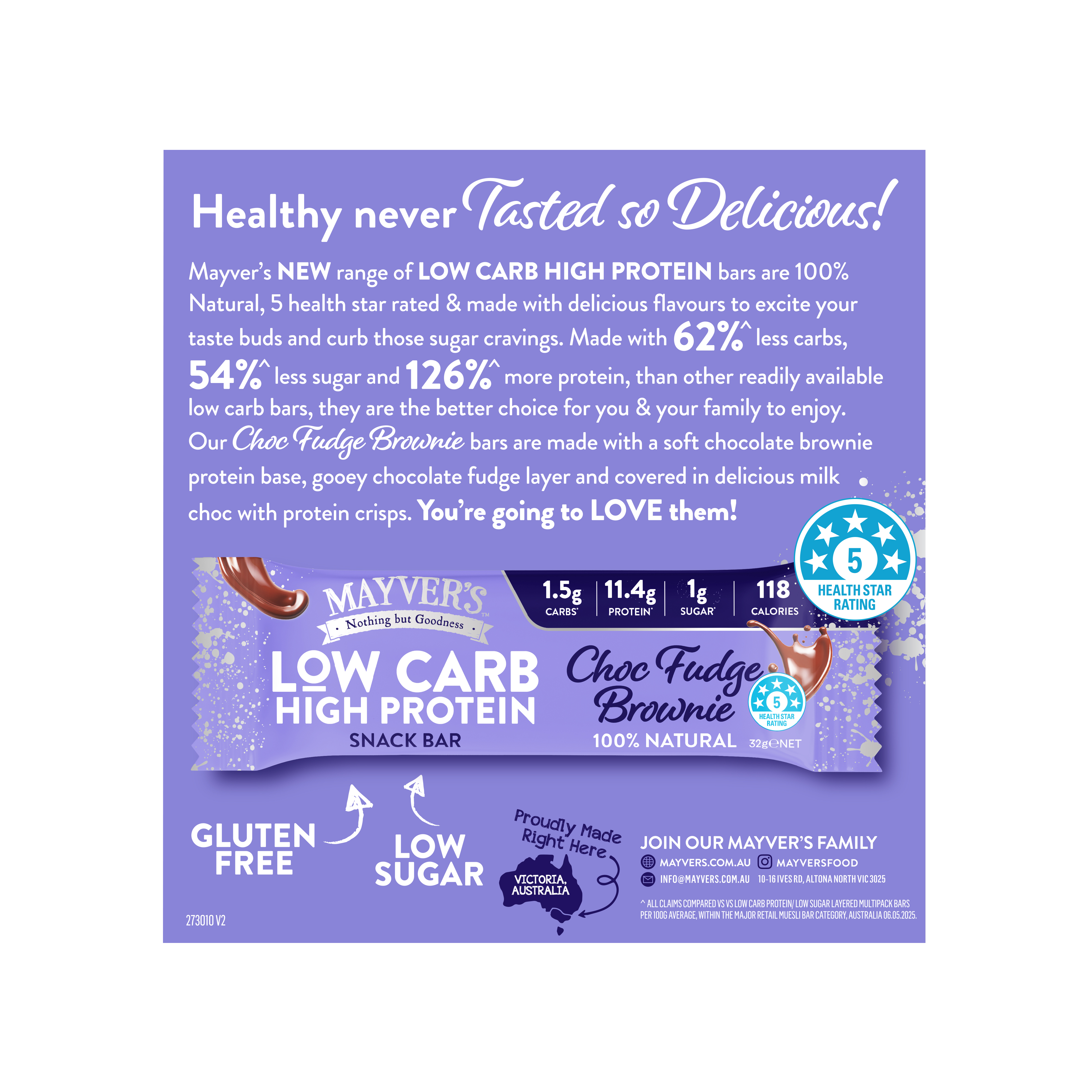 Mayver's Low Carb High Protein Choc Fudge Brownie Bars 4pk