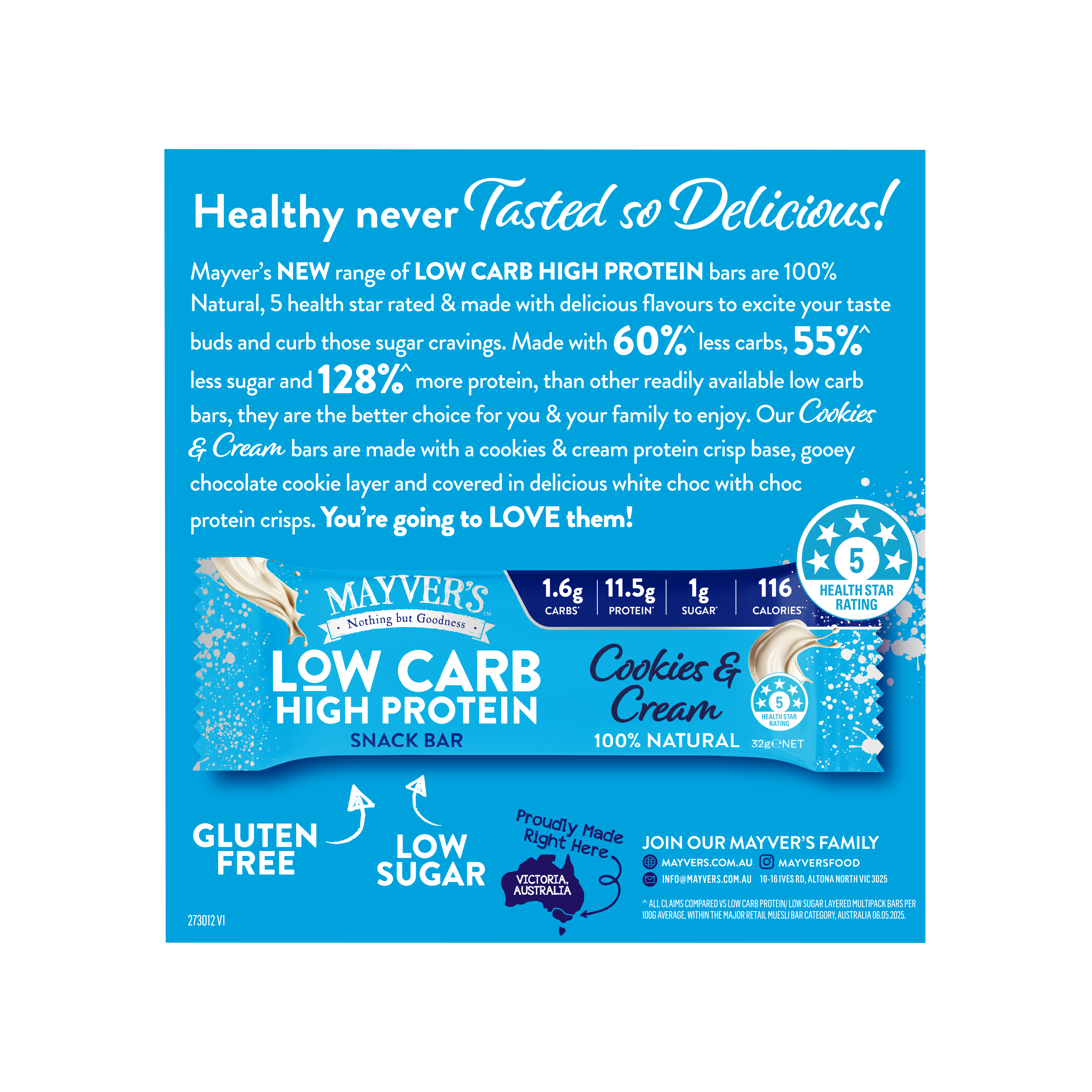 Mayver’s Low Carb High Protein Cookies & Cream Bars 4pk