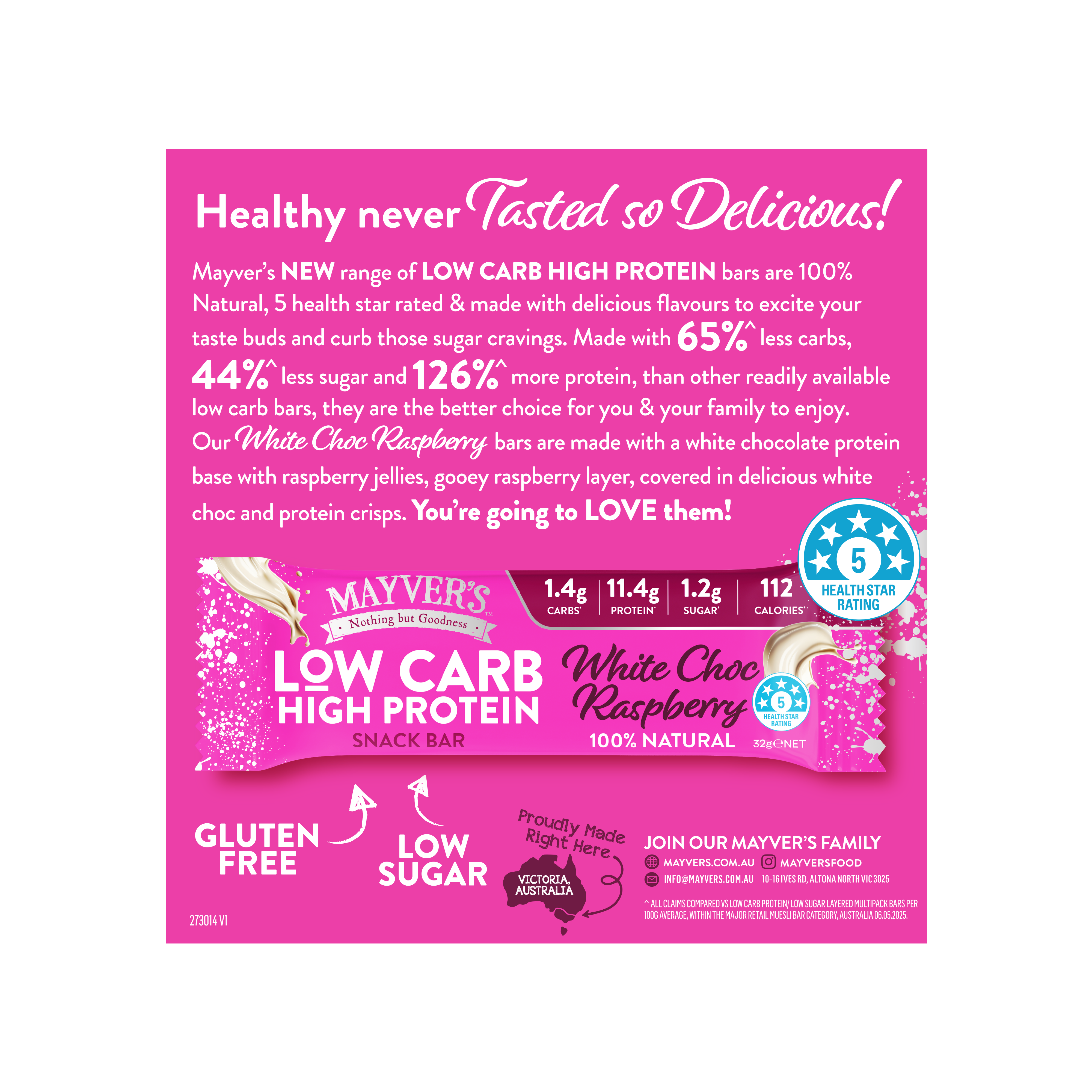 Mayver's Low Carb High Protein White Choc Raspberry Bars 4pk