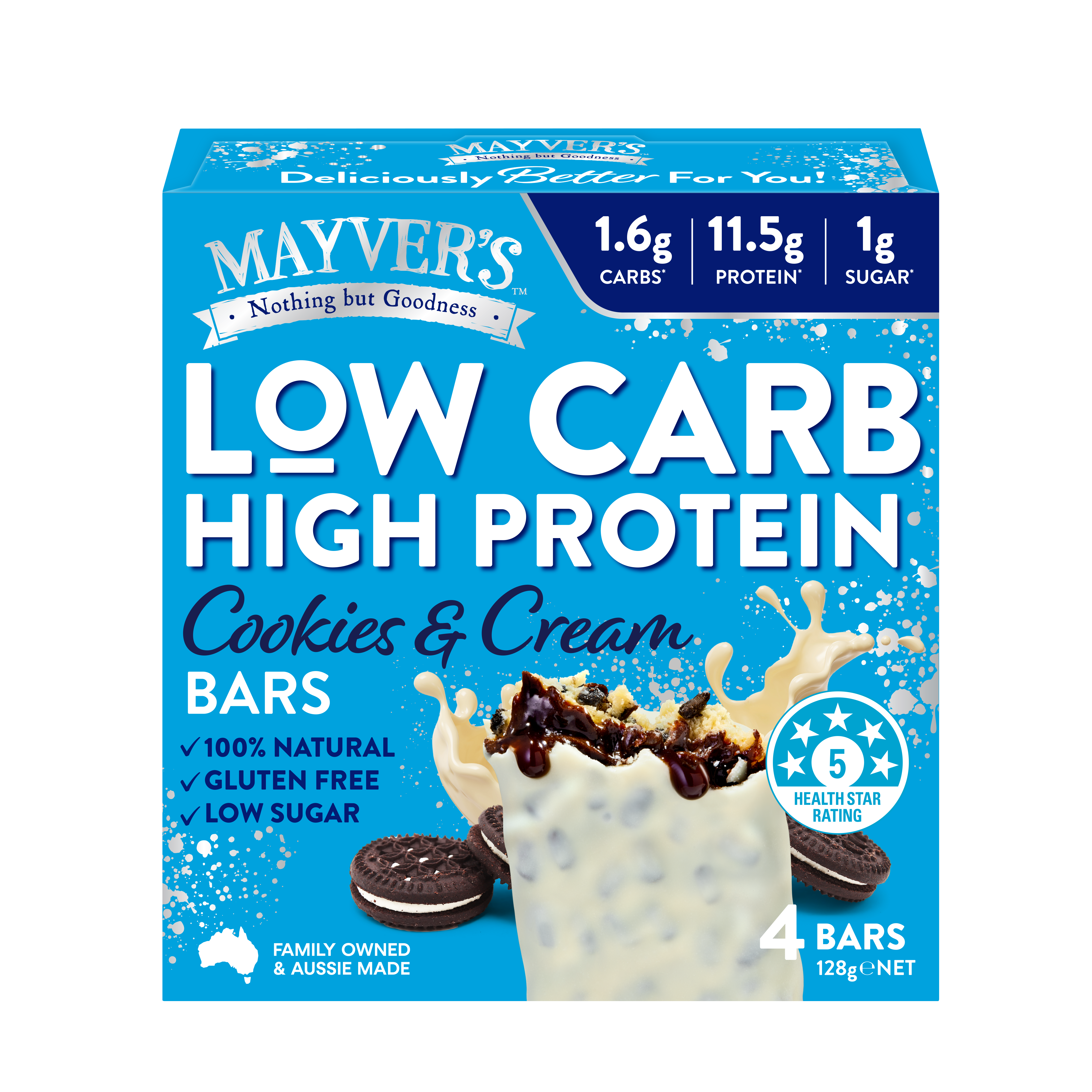 Mayver’s Low Carb High Protein Cookies & Cream Bars 4pk