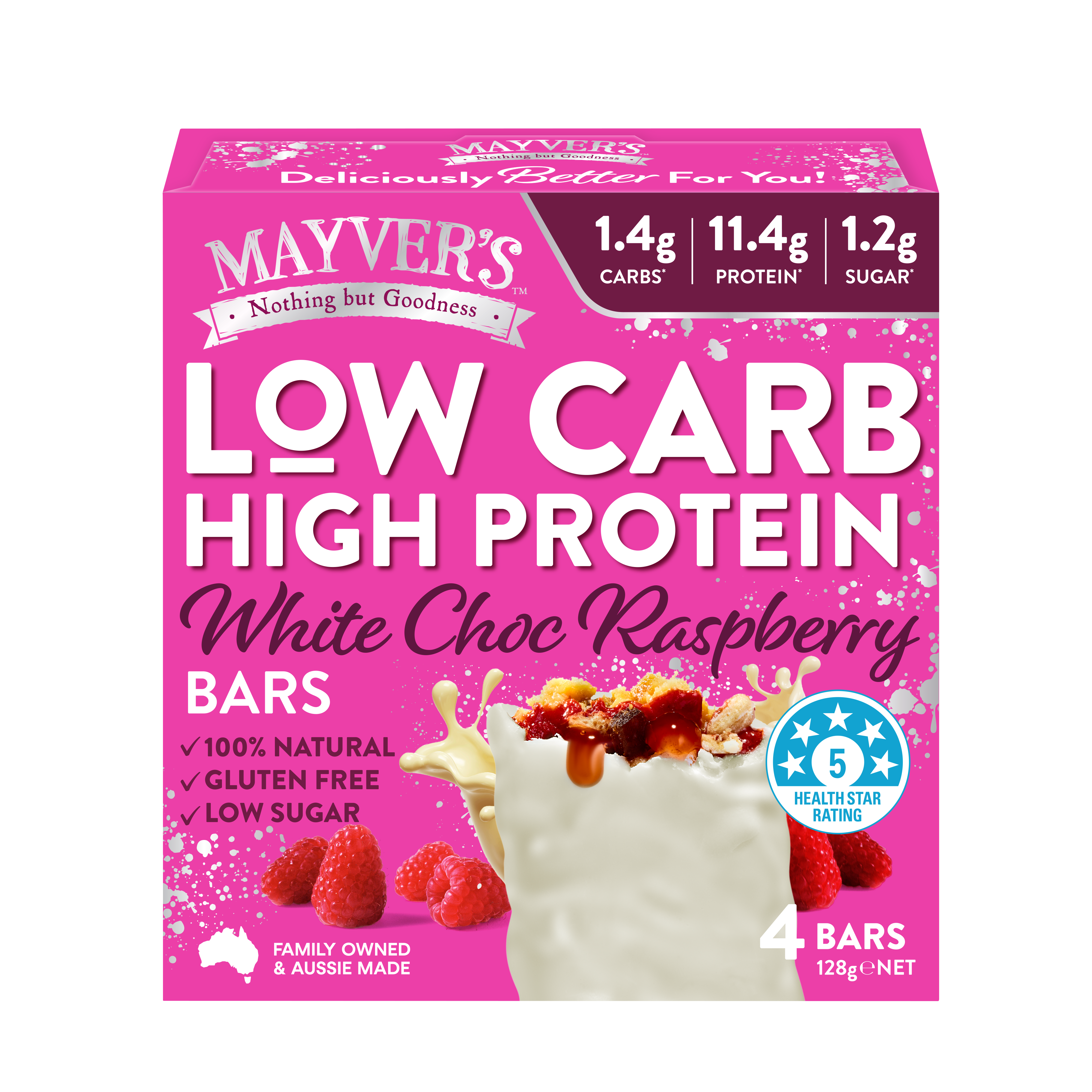 Mayver's Low Carb High Protein White Choc Raspberry Bars 4pk