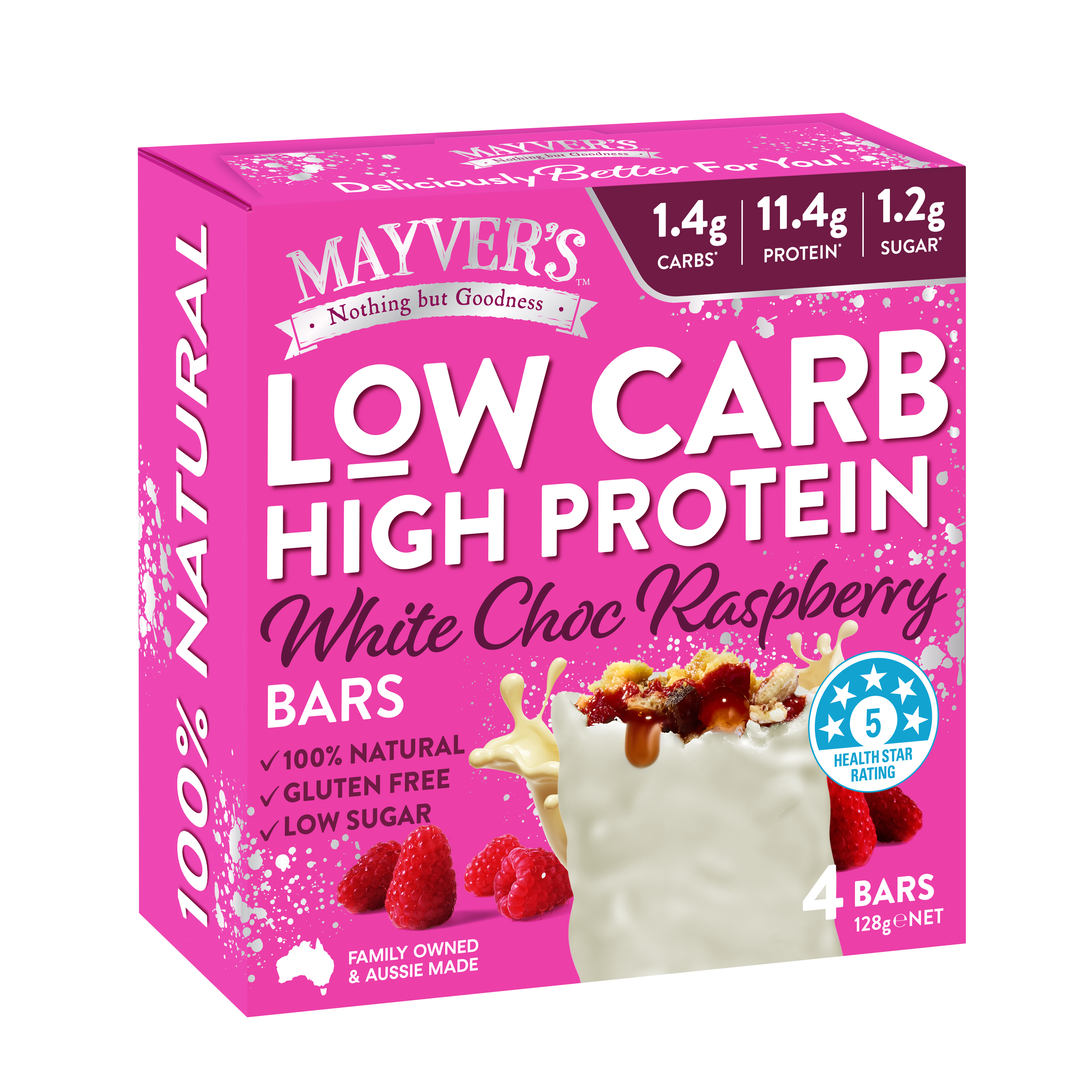 Mayver's Low Carb High Protein White Choc Raspberry Bars 4pk
