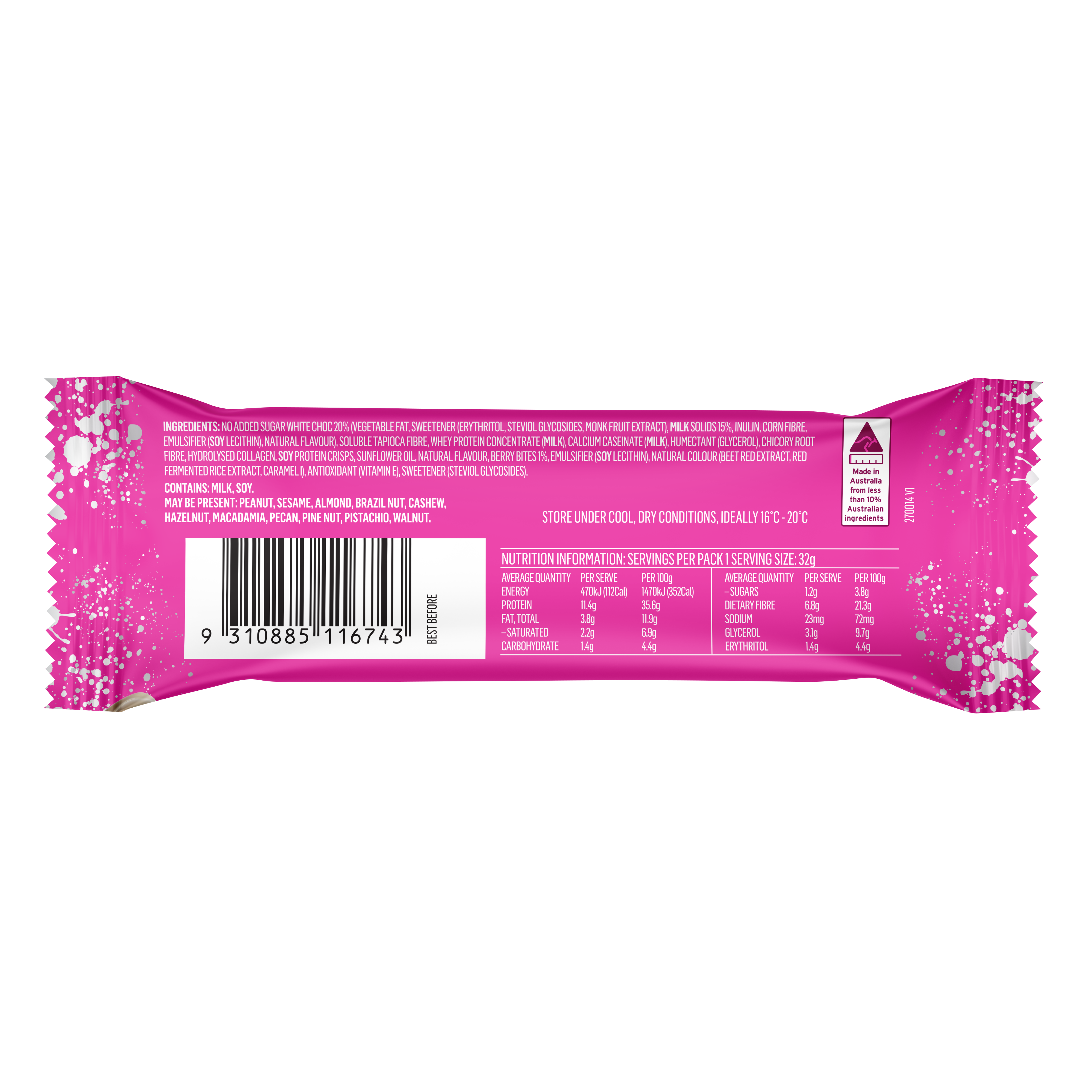 Mayver's Low Carb High Protein White Choc Raspberry Bars 4pk