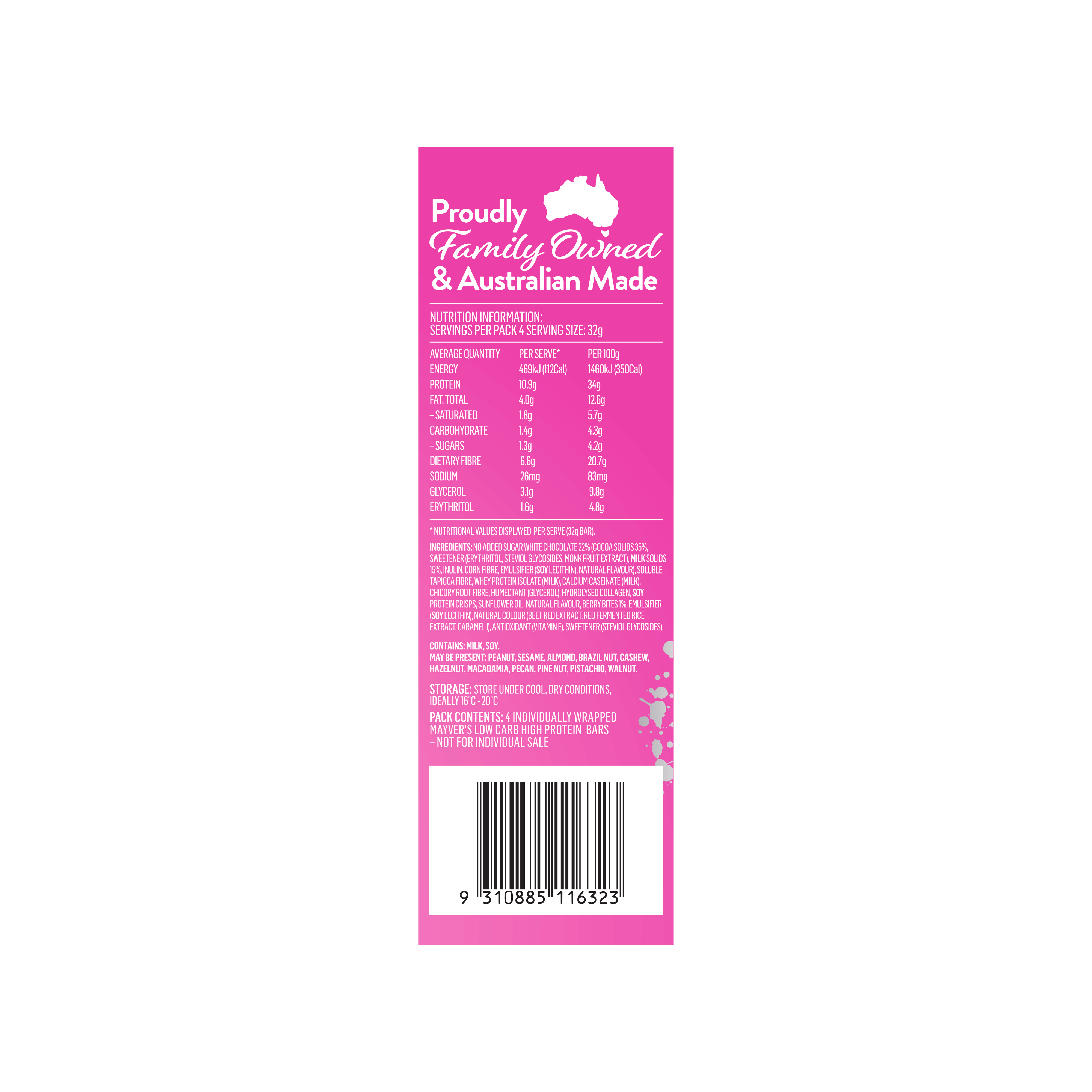 LOW CARB HIGH PROTEIN WHITE CHOC RASPBERRY BARS 4pk