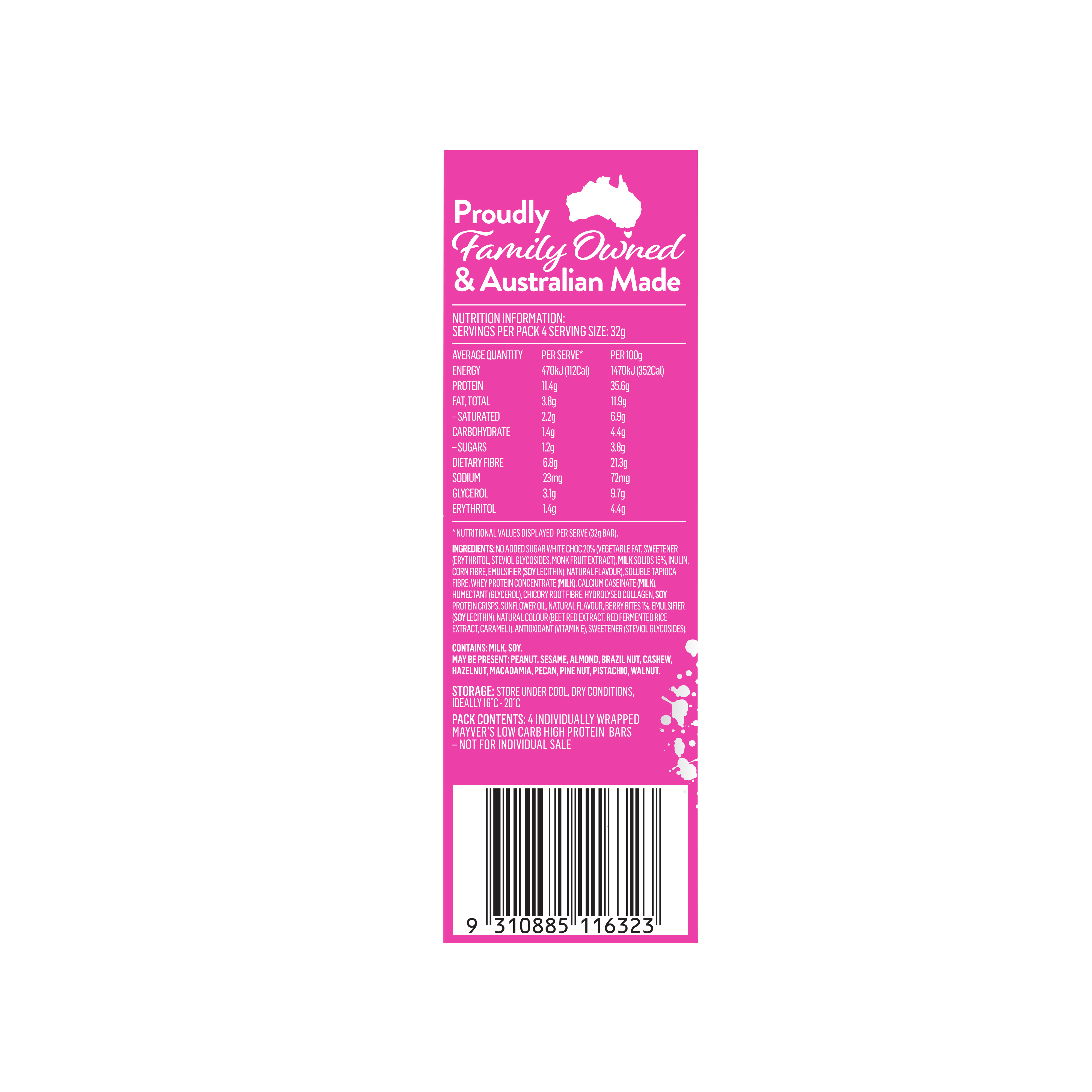Mayver's Low Carb High Protein White Choc Raspberry Bars 4pk