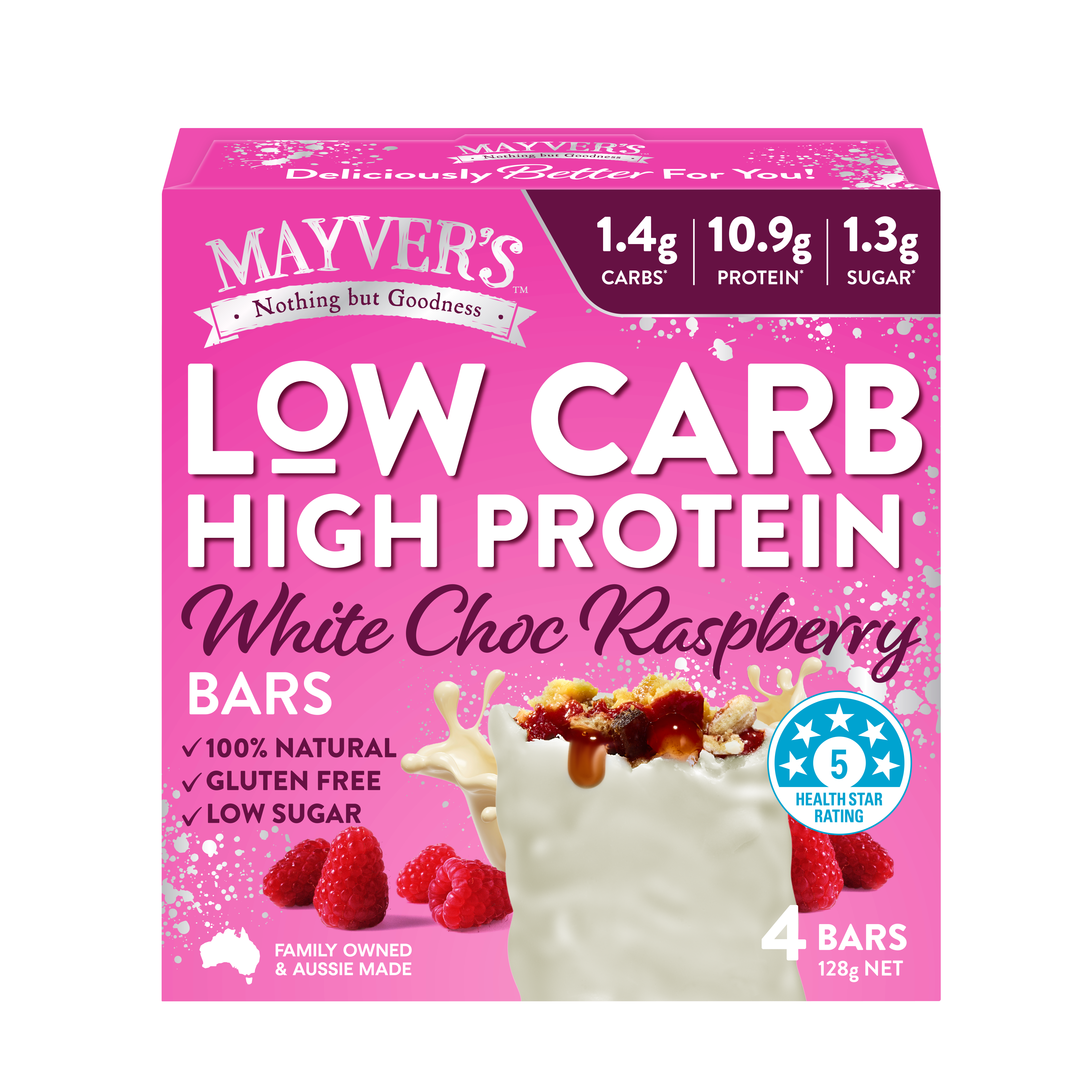LOW CARB HIGH PROTEIN WHITE CHOC RASPBERRY BARS 4pk