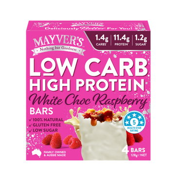 Mayver's Low Carb High Protein White Choc Raspberry Bars 4pk