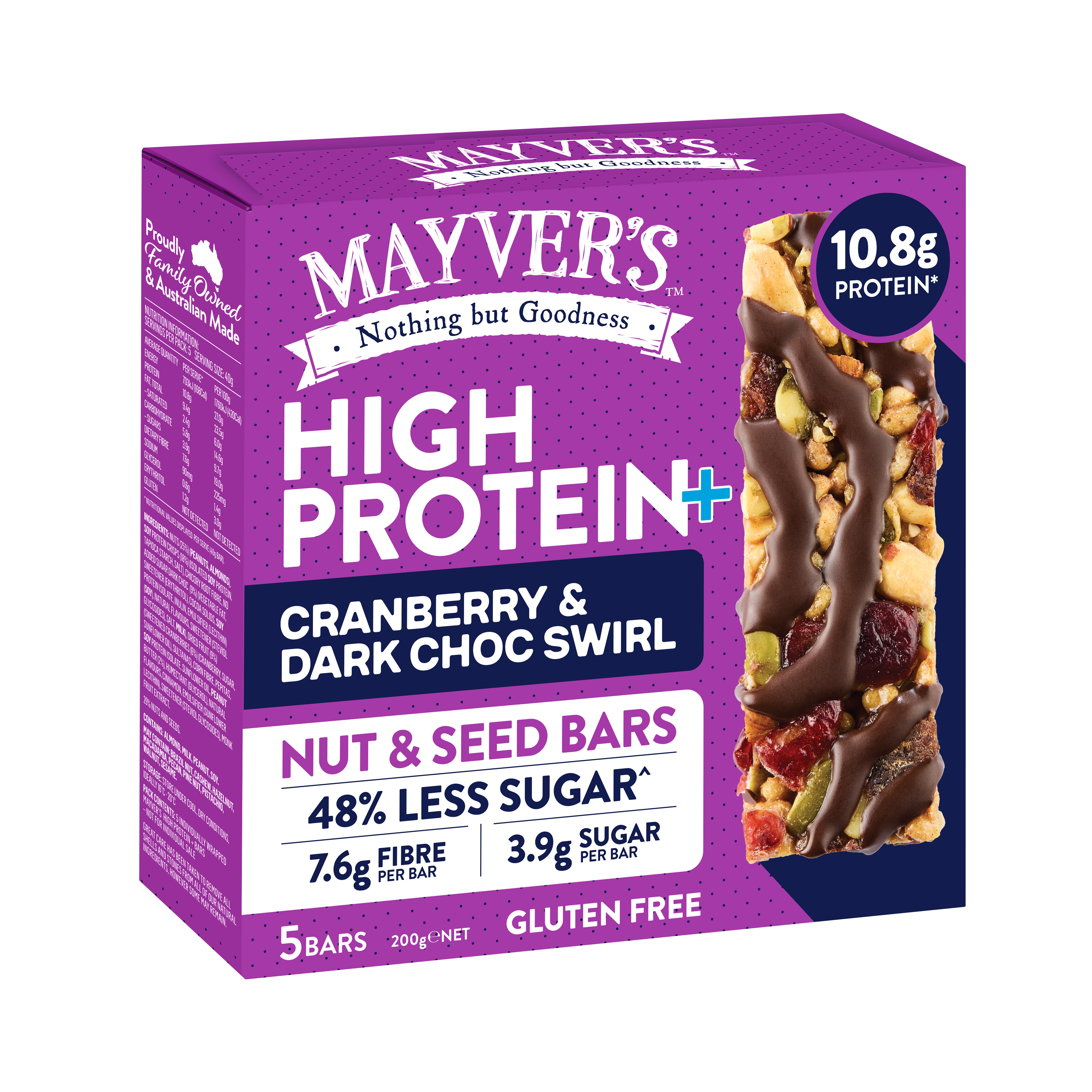 MAYVER'S HIGH PROTEIN+ CRANBERRY & DARK CHOC SWIRL NUT & SEED BAR (5pk)