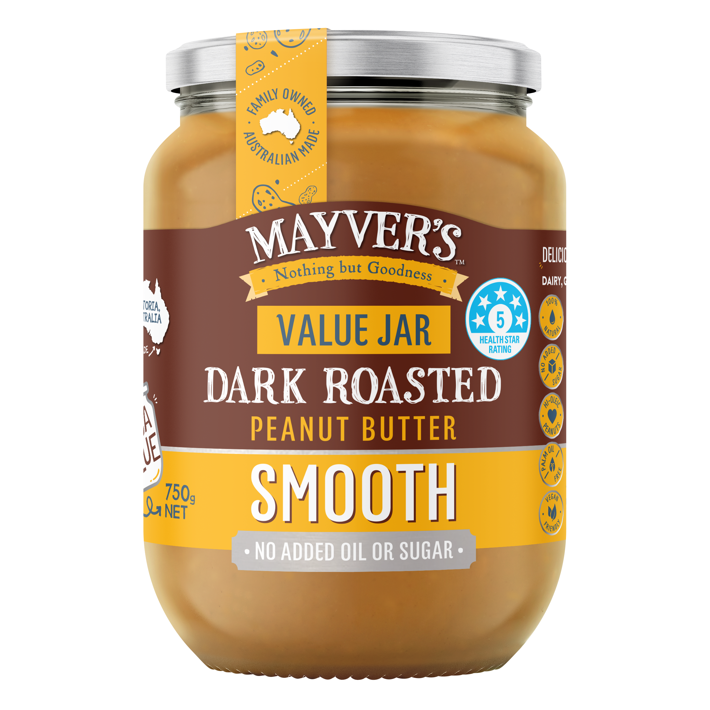 MAYVER'S DARK ROASTED SMOOTH PEANUT BUTTER VALUE JAR 750g
