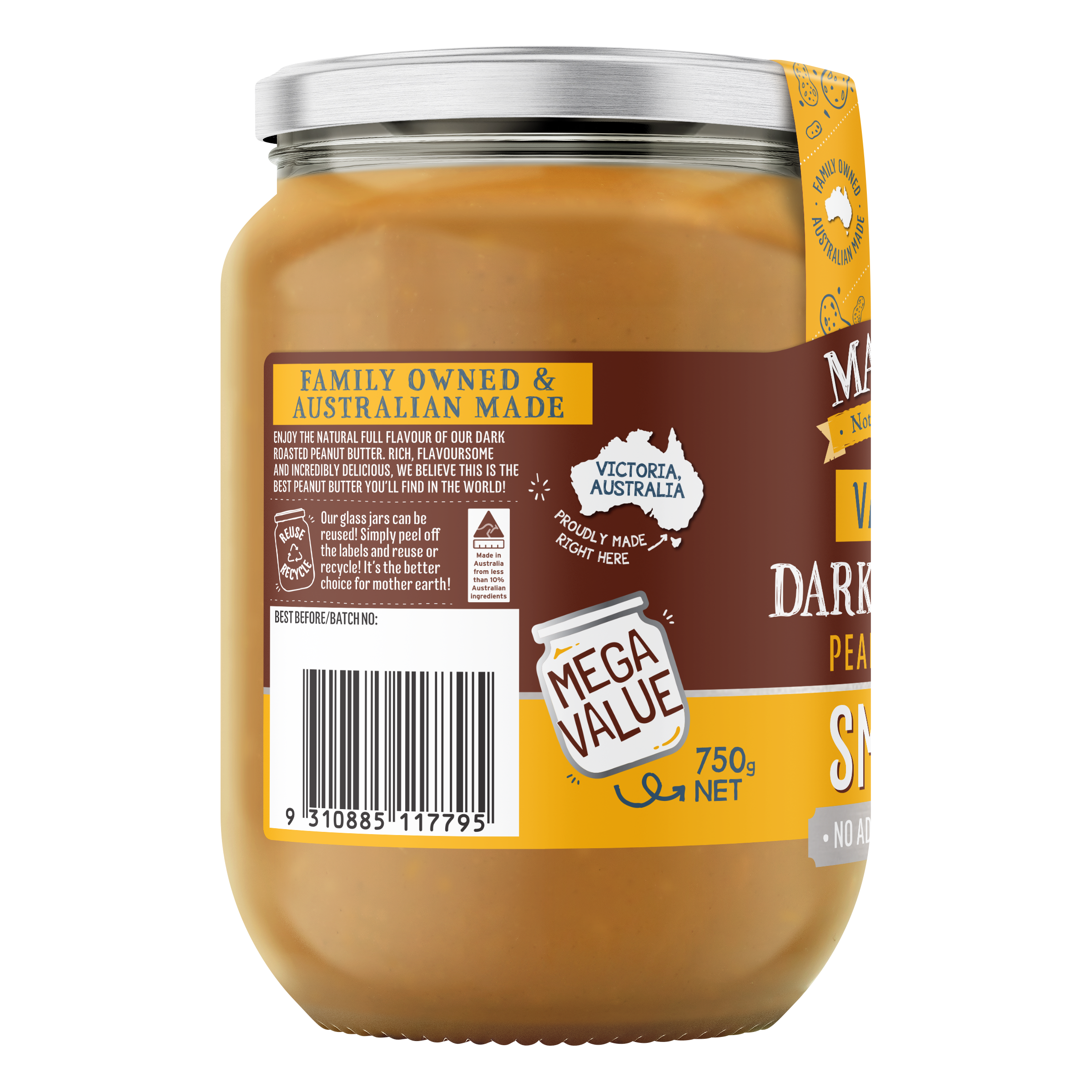 MAYVER'S DARK ROASTED SMOOTH PEANUT BUTTER VALUE JAR 750g