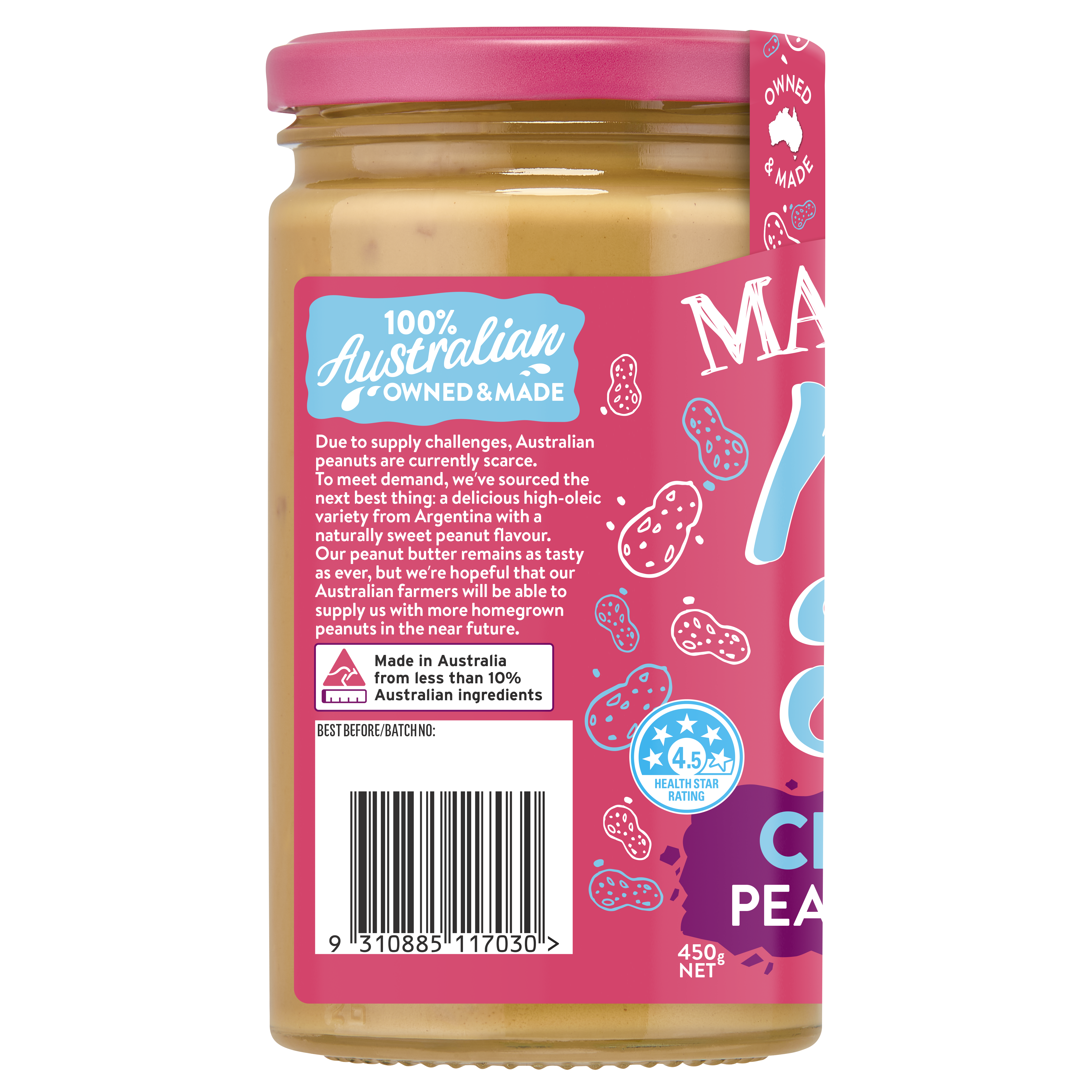 MAYVER'S NO STIR CRUNCHY PEANUT BUTTER 450g