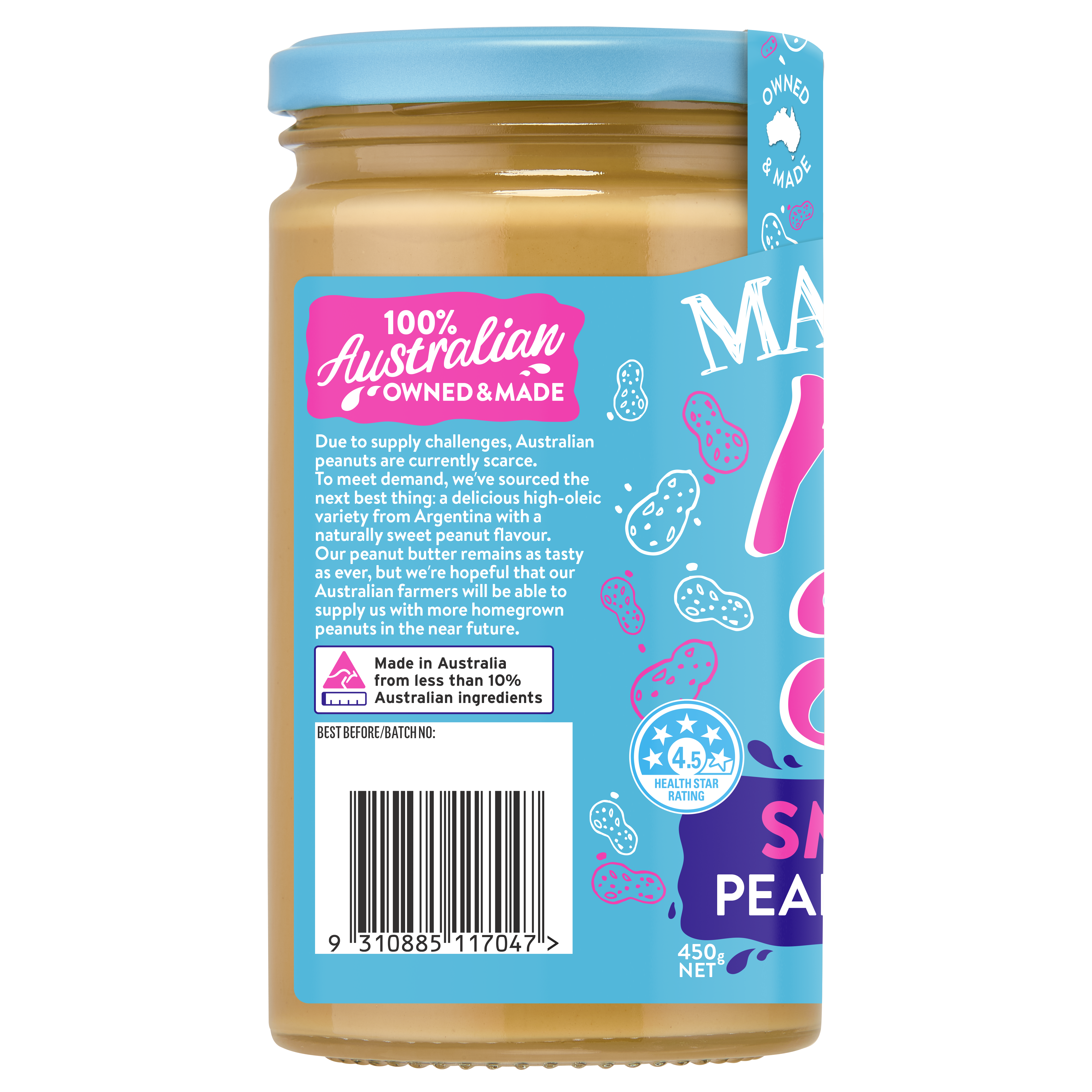 MAYVER'S NO STIR SMOOTH PEANUT BUTTER 450g