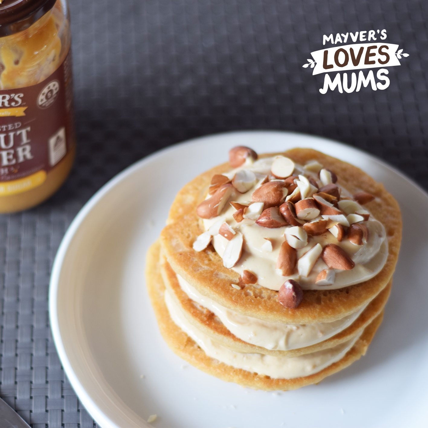 Mayvers Gluten Free peanut butter pancakes with smooth peanut butter